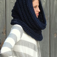 Hooded Scarf Chunky Cowl Handmade Knit Scarf The Noni Tunnel Cowl Thick Scarf Unisex Scarf Navy Blue or Choose your Color - Thumbnail 1
