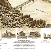 Laredo, Texas in 1892 - Bird's Eye View, Aerial Panorama, Vintage, Antique Map, Reproduction, Fine Art, Wall Art, History - Thumbnail 1