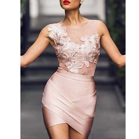 Nude Floral Decor Stitching Cross Bodycon Dress