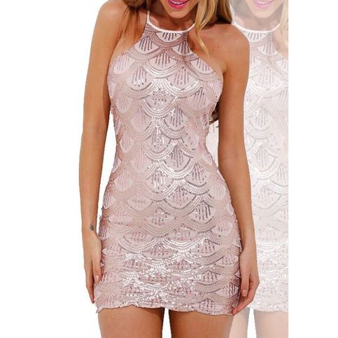 Gold High-Neck Waves Sequin Dress