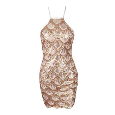 Gold High-Neck Waves Sequin Dress