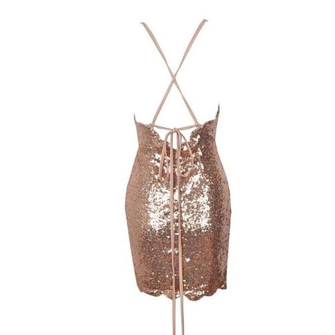 Gold Sequined Spaghetti Strap Scoop Neck X Back Halter Bodycon Mini Dress