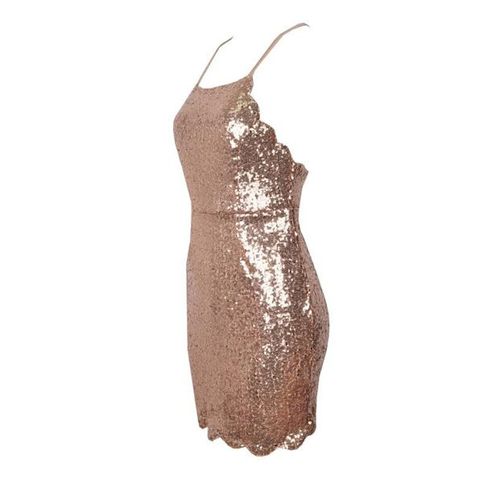 Gold Sequined Spaghetti Strap Scoop Neck X Back Halter Bodycon Mini Dress