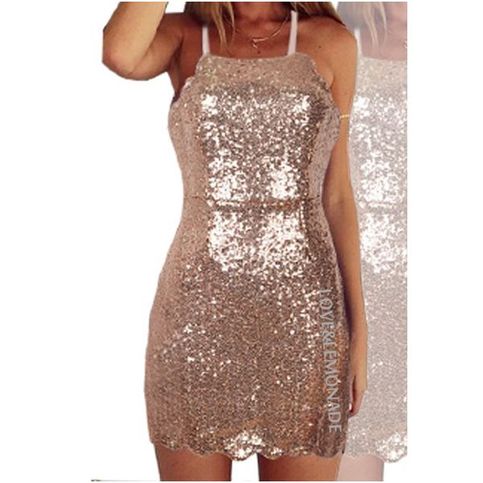 Gold Sequined Spaghetti Strap Scoop Neck X Back Halter Bodycon Mini Dress