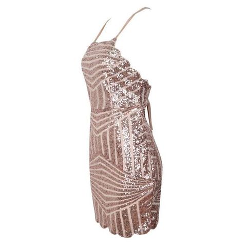Gold Geometric Sequined Spaghetti Strap Scoop Neck X Back Bodycon Mini Dress