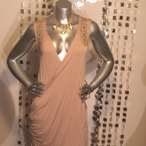 New Nude Dress w/Deep Plunge & Gold accents 3x