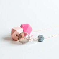 Pink Wood Glass Bead Necklace NL1013 - Thumbnail 4