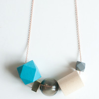 Blue Wooden Bead Tinted Glass Necklace NL1022 - Thumbnail 3