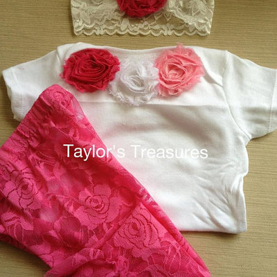 Taylors treasures - 3pc set - infant and toddler lace ruffle bottom leggings - rosette onesie - and headband - 3pc set  - Thumbnail 2