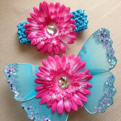 Taylors treasures - aqua glitter sequins baby butterfly wings set - great for photo prop 1st birthday - newborn photo - smash cake