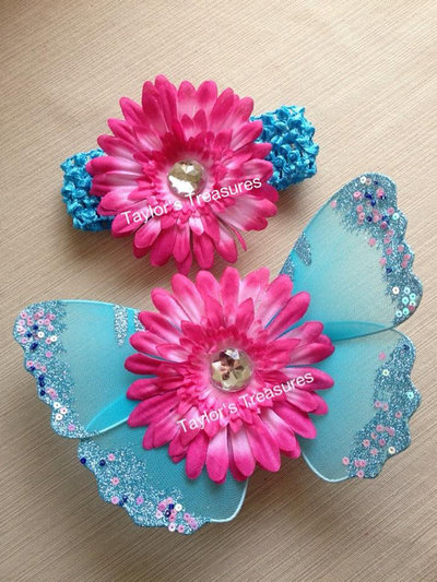 Taylors Treasures - Aqua Glitter Sequins Baby Butterfly Wings Set - Great For Photo Prop 1st Birthday - Newborn Photo - Smash Cake