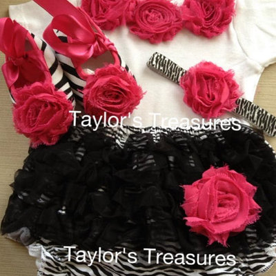 Taylors treasures - 4pc. set - zebra rosette shoe with matching headband, rosette onesie, and ruffle panty - great for photo prop -