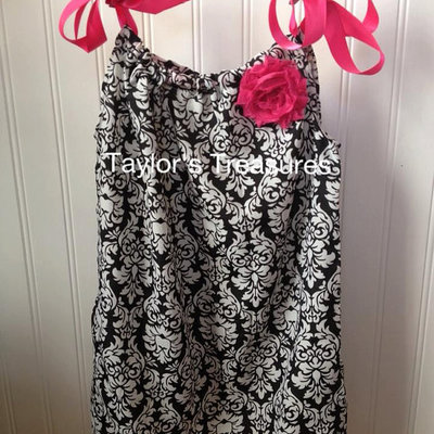 Taylors treasures - black and white damask rosette pillow case dress - size 0-6x - other patterns available