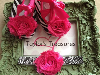 Taylors Treasures - 2pc. Set - Zebra Rosette Shoe With Matching Headband - Great For Photo Prop -