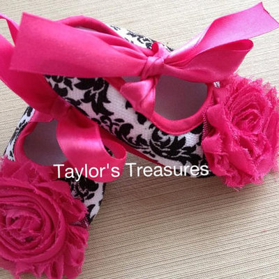 Taylors treasures - damask rosette shoes - baby girl crib shoes