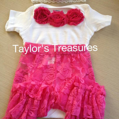 Taylors treasures - 3pc set - infant and toddler lace ruffle bottom leggings - rosette onesie - and headband - 3pc set 