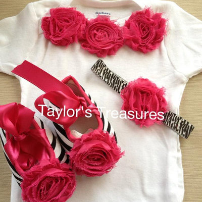 Taylors treasures - 3pc. set - zebra rosette shoe with matching headband and rosette onesie- great for photo prop -