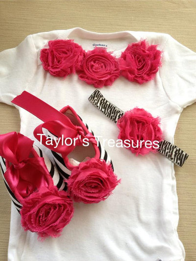 Taylors Treasures - 3pc. Set - Zebra Rosette Shoe With Matching Headband and Rosette Onesie- Great For Photo Prop -