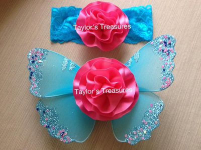 Taylors Treasures - Aqua Glitter Sequins Baby Butterfly Wings Set - Great For Photo Prop 1st Birthday - Newborn Photo - Smash Cake