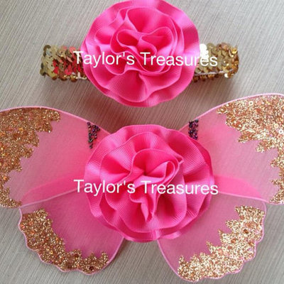 Taylors treasures - hot pink glitter sequins baby butterfly wings set - great for photo prop 1st birthday - newborn photo - smash cake