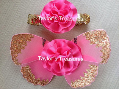 Taylors Treasures - Hot Pink Glitter Sequins Baby Butterfly Wings Set - Great For Photo Prop 1st Birthday - Newborn Photo - Smash Cake