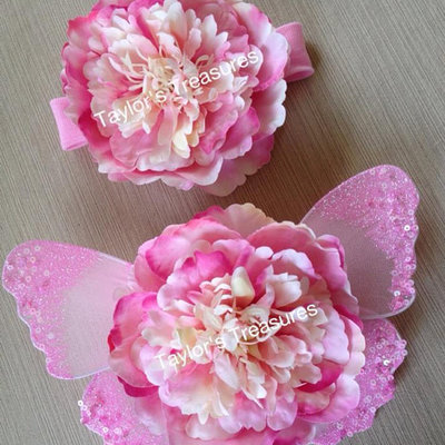 Taylors treasures - pink glitter and sequins baby butterfly wings set - great for photo prop - 1st birthday - newborn photo - smash cake