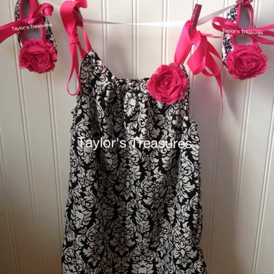 Taylors treasures - black and white damask rosette shoes and pillow case dress - 2pc set - other patterns available