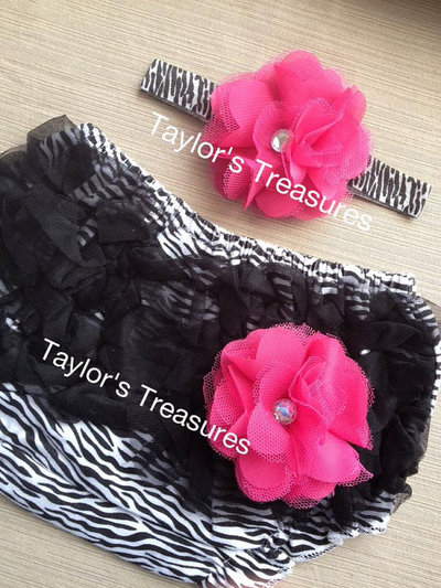 Taylors Treasures - 2pc. Set - Zebra Rosette Headband With Matching Ruffle Panty - Great For Photo Prop -