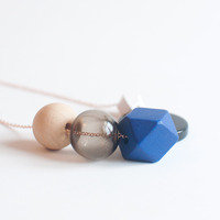 Blue Wood Bead Tinted Glass Necklace NL1018 - Thumbnail 2