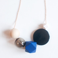 Blue Wood Bead Tinted Glass Necklace NL1018 - Thumbnail 3