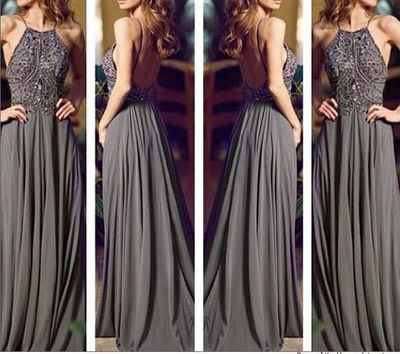 Gray Long Prom Dresses, Straps Prom Gowns,Beaded Evening Dresses, Backless Evening Gowns, Cocktail Dress,15040725