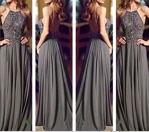 Gray Long Prom Dresses, Straps Prom Gowns,Beaded Evening Dresses, Backless Evening Gowns, Cocktail Dress,15040725