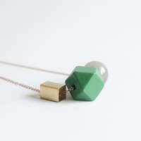 Green Wooden Glass Metal Necklace NL1016 - Thumbnail 2