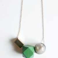 Green Wooden Glass Metal Necklace NL1016 - Thumbnail 3