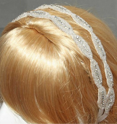 Bridal Wedding Applique Handmade Embroidery Rhinestone Crystals Double Ribbon Headband