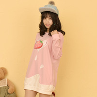  Cute Strawberry Milk Printing Long Sleeve Sweater - Thumbnail 1