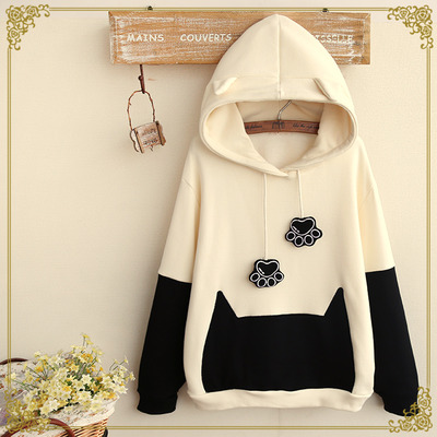 Cute cat paw draw string spell color hooded sweater with velvet