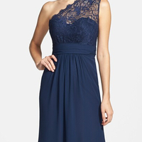 long bridesmaid dress, navy bridesmaid dress, cheap bridesmaid dress, lace bridesmaid dress, one shoulder bridesmaid dress, E904 - Thumbnail 1