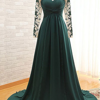 teal green prom dress, long prom dress, lace sleeve prom dress, cheap prom dress, elegant prom dress, evening dress, E906 - Thumbnail 1