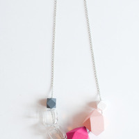 Square Glass Pink Wood Necklace NL1002 - Thumbnail 4