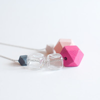 Square Glass Pink Wood Necklace NL1002 - Thumbnail 2