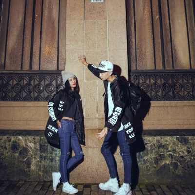 Japanese fashion street style letter printed black cotton winter coat unisex 