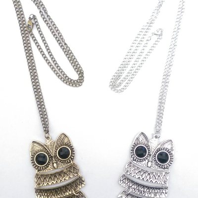 Vintage owl in bronze and silver tones - long necklace - bronze owl long necklace - silver owl long necklace - sweet 16 - big owl pendant  - Thumbnail 4