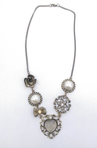  Sweetheart Vintage Style Necklace - Bronze Necklace - Vintage Heart Necklace - Charm Necklace - Heart, Bow, Pearl, Rose Charms necklace