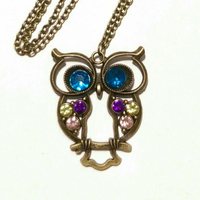 Bronze Sweet Owl - Long Necklace - Owl Necklace with colorful Rhinestones - Bronze Long Necklace - Sweet 16  - Thumbnail 1