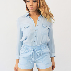 Tencel Denim Drawstring Chambray Shorts - Light Wash
