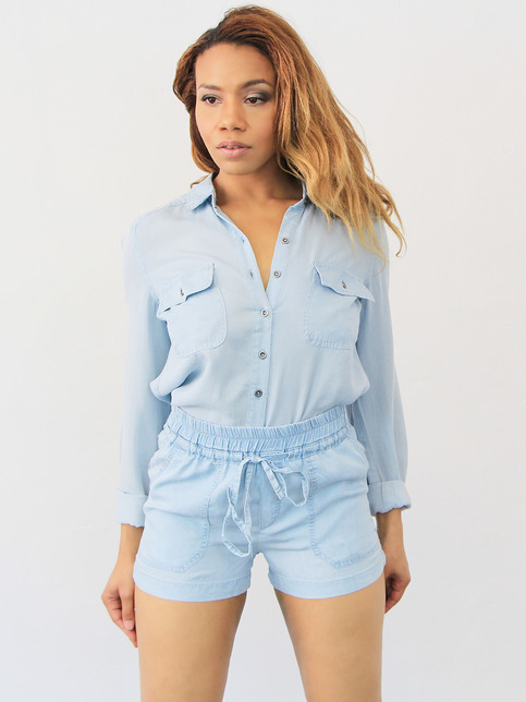 Tencel Denim Drawstring Chambray Shorts - Light Wash