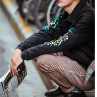 JAPANESE FASHION EMBROIDERED DARK BLUE BLACK DENIM WOOLEN JACKET - Thumbnail 4