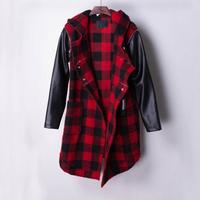 BRITISH STYLE RED BLACK PLAID FAUX LEATHER SLEEVE LONG COAT JACKET - Thumbnail 3