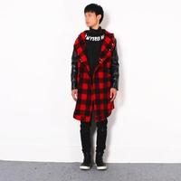 BRITISH STYLE RED BLACK PLAID FAUX LEATHER SLEEVE LONG COAT JACKET - Thumbnail 2